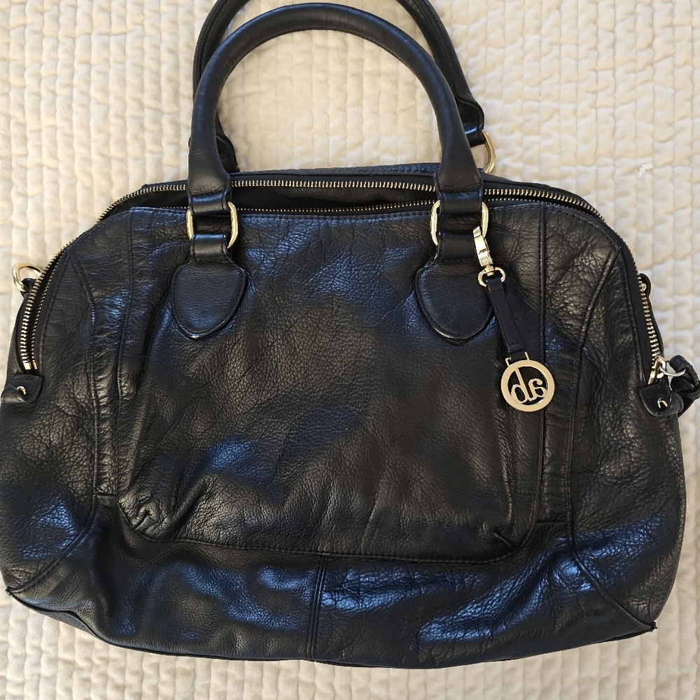 Gold and Black Leather Satchel with Adjustable Strap